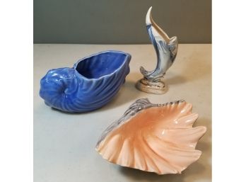 Set Of 3 Vintage Shell Ceramic Dish Planter Vase, Mid-century Modern