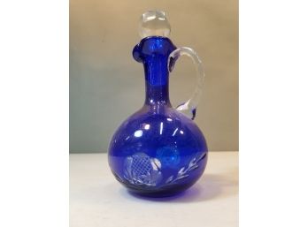 Vintage Cobalt Cut To Clear Cruet With Applied Clear Handle & Faceted Stopper, 7'H Including Stopper