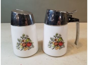 Pair Vintage Dripcut Starline Creamer & Sugar, Spice O' Life Vegetable Pattern, Chrome Tops, Diner Quality
