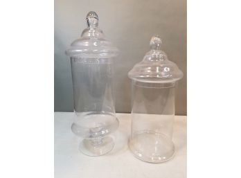 2 Large Covered Apothecary Jars, Clear, 19.5'h X 7'd, 17'h X 7'd