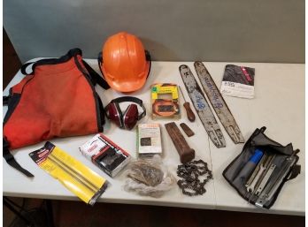 Lot Of Chainsaw Maintenance & Tree Cutting Tools & Accessories, Chaps Chains Sharpening Ear & Head Protection