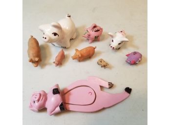 Lot Of 9 Miniature Pig Figurines & Bookmark, Ceramic, Rubber, Lead, Plastic, Mexican