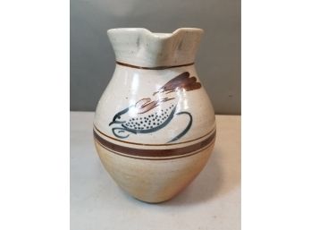 Bird Decorated Studio Pottery Jug Decanter With Handle, Blues & Browns, 9'h X 7'l X 6'w