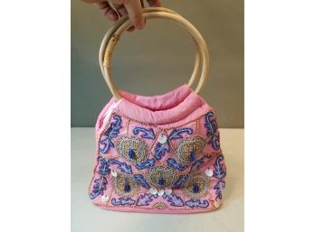 Vintage TONI Beaded Purse Hand Bag, Pink With Bamboo Hoop Handles & Shell Beads, 12' X 4' X 17'h OA