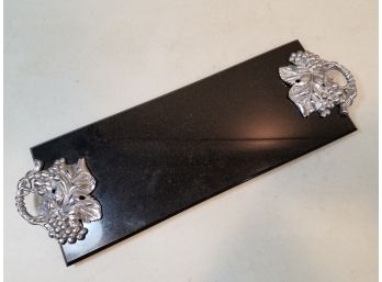 Black Granite Serving Tray Cheese Cutting Board With Cast Silver Tone Grape Vine Handles, 17.5'l X 6' X 1.25'