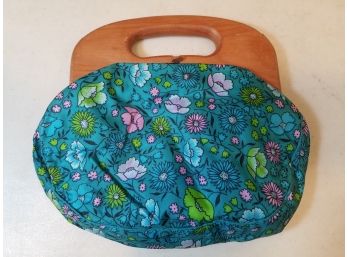 Vintage H.A.& E Smith Bermuda Wooden Handled Bag Purse With Blue Floral Print By Liberty Of London