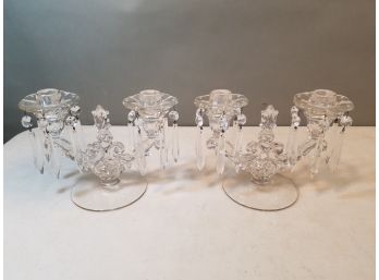 Pair Of Crystal Candelabra 2 Taper Candle Holders With Removable Bobeche & Prism Sets, 9'w X 4.75'd X 7'h