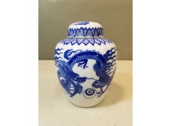 Blue Chinese Dragon Decorated Covered Ginger Jar, White Ceramic, 6'h X 4.5'd