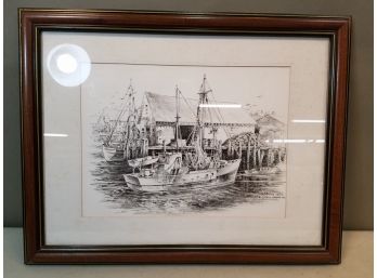 Boothbay Harbor ME Wharf Scene Print, Signed Lower Right Jas F. Murray, Framed & Matted, 14' X 18' OA