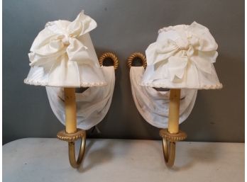Pair Of Gold Rope & Draped Fabric Wall Sconces With White Bow Decorated Shades, 8'w X 12'h X 8.5'd Each