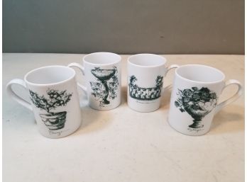 Set Of 4 The Monkey & The Peddler By Liz Ross Villa Pattern Coffee Mugs, Rose Geranium Hydrangea Orange