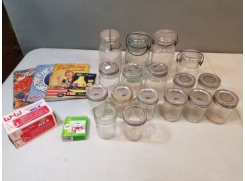 Lot Of 17 Canning Preserves Jars, Paraffin Wax (full), Lids (unused), Books Ball Atlas