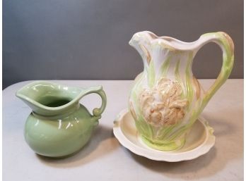 Iris Pitcher & Bowl (8'h Ceramic, Light Green & Brown Tones) & Cream Pitcher (5'h Pottery, Light Green)
