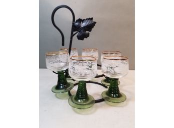 Set Of 6 Grape Pattern Wine Glasses With Green Beehive Stems In Wrought Iron Rack Stand, 10'd X 10.5'h