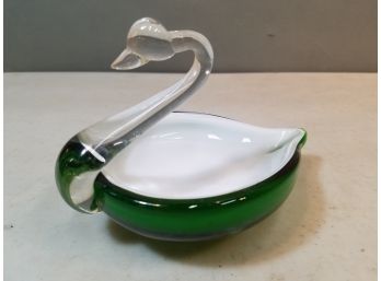 Vintage NASCO Green Cased Glass Swan Trinket Dish With Label, 6.75'l X 4.5'w X 4.5'h