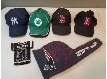 Lot Of Boston & New York Sports Team Hats & Memorabilia, Red Sox Yankees Celtics Patriots, Baseball Football