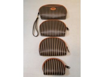 4 Part AE Nesting Clutch Purse Bag Set, Olive Striped With Saddle Brown Trim, 8' X 6' X 2' Max Size