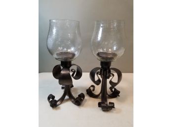Pair Of Formed Iron Ribbon & Water Glass Column Candle Holders, 14.25'h X 7'd Each, Distressed Black