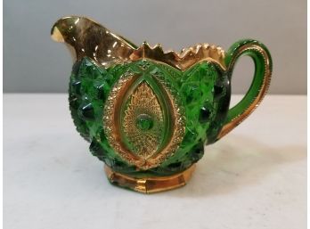 Emerald Green Cut Glass Creamer Cream Pitcher, Gold Gilt, 5.5'l X 4'w X 4'h