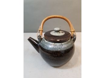 Pottery Teapot With Bamboo Handle, Browns & Grays, 7.5'l X 5.5' X 8.5'h Including Handle