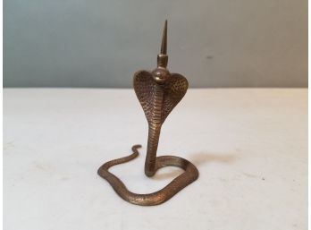 Vintage Figural Brass Desk Note Holder Spike: Cobra Snake, 3.5'h X 2.5' X 3'