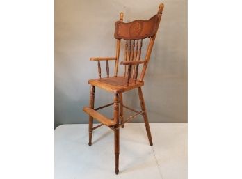 Antique Oak Child's High Chair, Pressed Back With Dog & Belt Border, Tooled Leather Seat