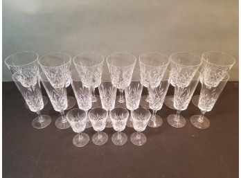 Set Of 19 Star Pattern Crystal Stemware Glasses, (7) 6.5hx3.25d, (8) 6.75hx2.25d, (4) 3.75hx1.75d