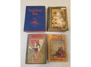 4 Vintage Boy's Moral Story Books: Huckleberry Finn (1941), Pinocchio (c.1920), Phil The Fiddler (1903), Alger