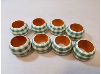 Set Of 8 Napkin Rings Holders, Green Plaid With Crackle Varnished Interior, 2'd X 1'h Each