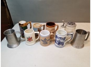 Collection Of 9 Souvenir Tankards Steins Mugs, Heineken Delft, Anheuser Busch DAD Pewter & Glass, Puerto Rico