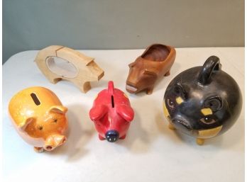Lot Of 5 Pig Piggy Banks & Hawaiian Monkey Pod Wood Bowl, Ceramic, Mexican Style, Evandale Hand Painted