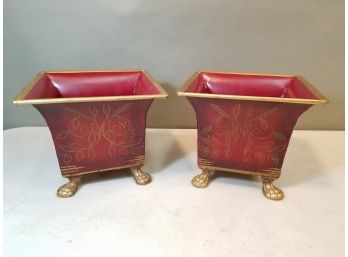 Pair Of Flared Tin Planters With Paw Feet, Gold On Red, Leafy Pattern On Sides, 7.5' Square X 6.5' High