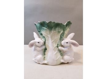Jubilee Pottery Los Angeles California Rabbits & Cabbage Bisque Ceramic Vase Planter, 6.5'w X 5.5' X 5.75'h