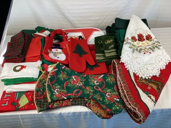 Large Lot Christmas Linens Stockings Tree Skirt And Decor