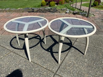 Pair Of Outdoor Patio Glass Top Patio Tables.