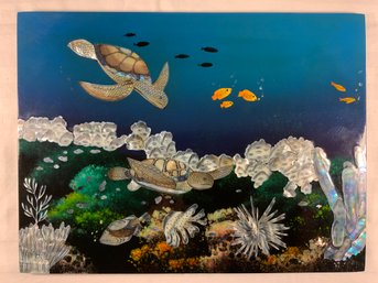 Lacquer Inlay Art Sea Turtle Ocean Theme Plaque
