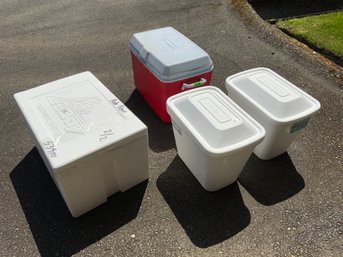 Rubbermaid Plastic Cooler And 3 Styrofoam Coolers