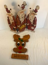 Wooden Tri-Santa Clause Standup And Rudolf Welcome Plaque