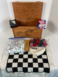 Dominoes, Checkers With Woven Cloth Board, Skip-bo And Wooden Storage Box