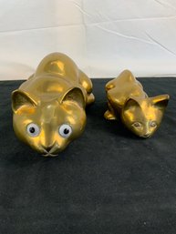 Pair Of Vintage Large Brass Cats Laying