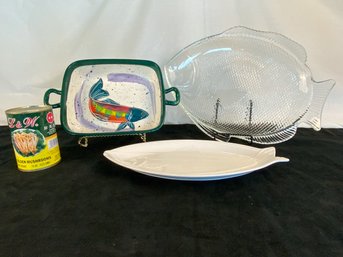Trio Of Vintage Fish Dish Julie Ueland Backsplash Pottery Arcoroc Glass Platter Porcelain Fish