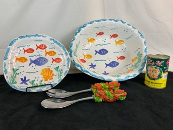 Vintage Ancora Italy Large Salad Bowl And Platter With Crab Serving Set