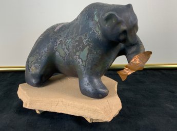 Anthony Evans Raku Bear With Copper Fish Sculpture On Custom Base Tony Evans