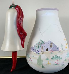 Southwestern Style Large Village Vase And Handmade Chili Pepper Bell