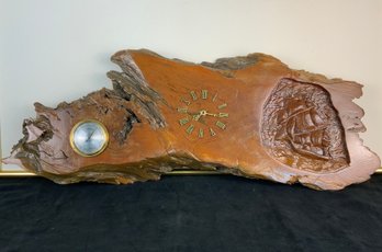 Live Edge Burl Wood Clock With Carved Ship And Barometer