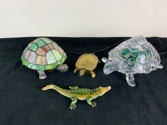 Turtle Lovers Lot Stained Glass Turtle Lamp Brass Turtle Shannon Crystal