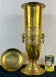 Vintage Brass Umbrella Stand Vase With Brass Dish Asian