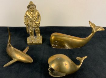 Vintage Brass Whales Fisherman Shark Whale Ashtray