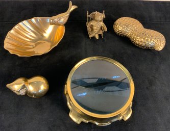 Vintage Brass Bird Soap Trinket Dish Magnifier Paper Weight Covered Peanut Dish Pig Cat