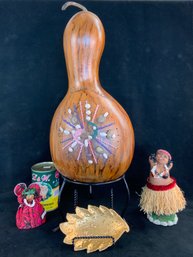 4pc Lot Large Decorative Gourd With Stand Hula Bobble Dash Hawaiian Bell Gold Dish